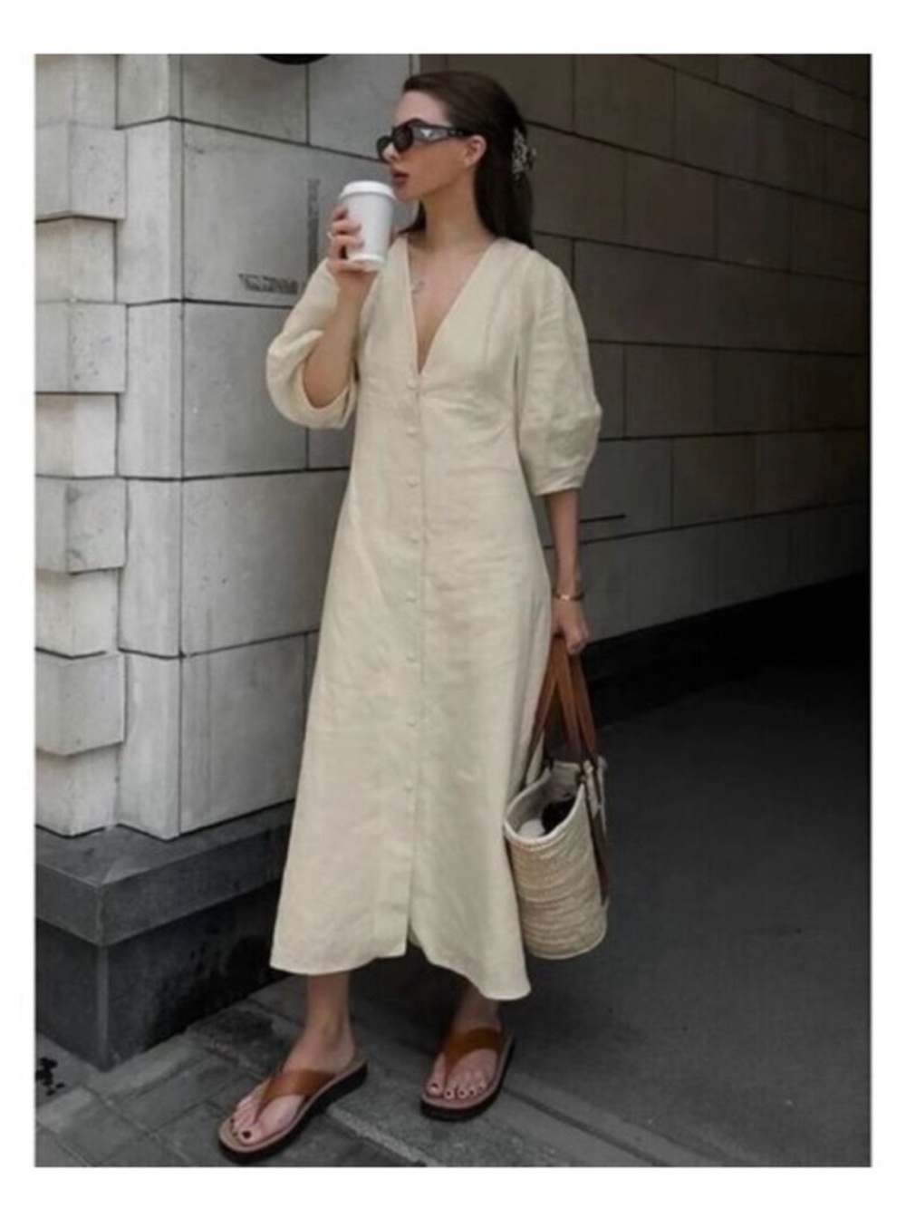 NEW Commense Linen/Cotton Button Up Puff Sleeve V-Neck/Back Coastal Maxi